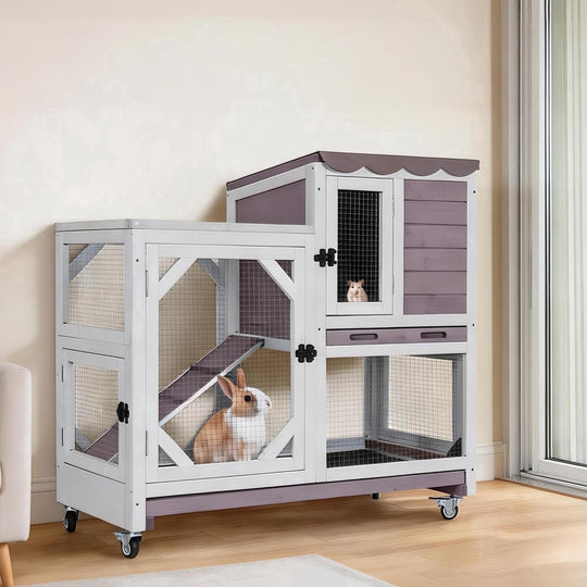 MEDEHOO Rabbit Cage Indoor, 2-Story Bunny Cage with Leak-Proof Trays, Chew-Proof Wooden Rabbit Cage on Wheels for Small Pets (39.3" L x 22" W x 36.8" H) AIR7013-G-A11-WM