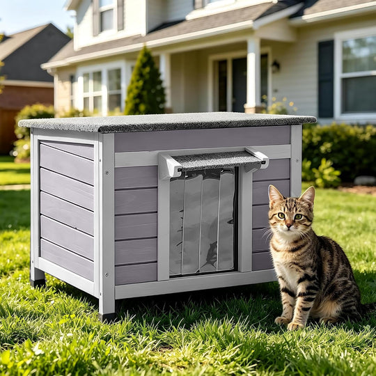 MEDEHOO 24" Outdoor Cat House Weatherproof Cat Shelter, Asphalt Roof, PVC Curtain, Openable Top, Raised Base for Outdoor Cats AIR12-B-MA-WM