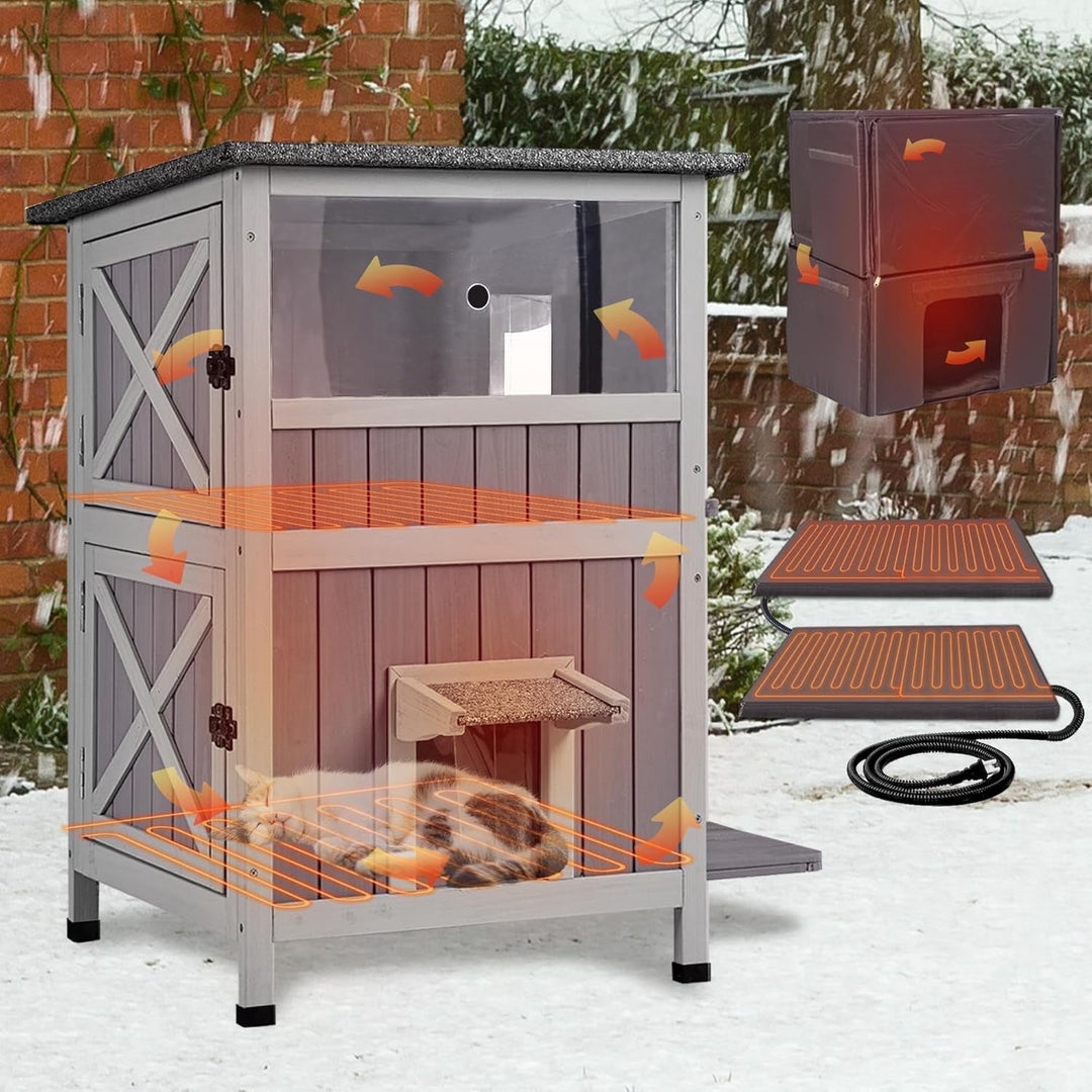 MEDEHOO Heated Cat House for Outside, 2-Story Outdoor Cat House Insulated with Electric Heating Blanket, Waterproof Wooden Cat Shelter with Bite-Resistant Wires AIR14-HP-AD-WM