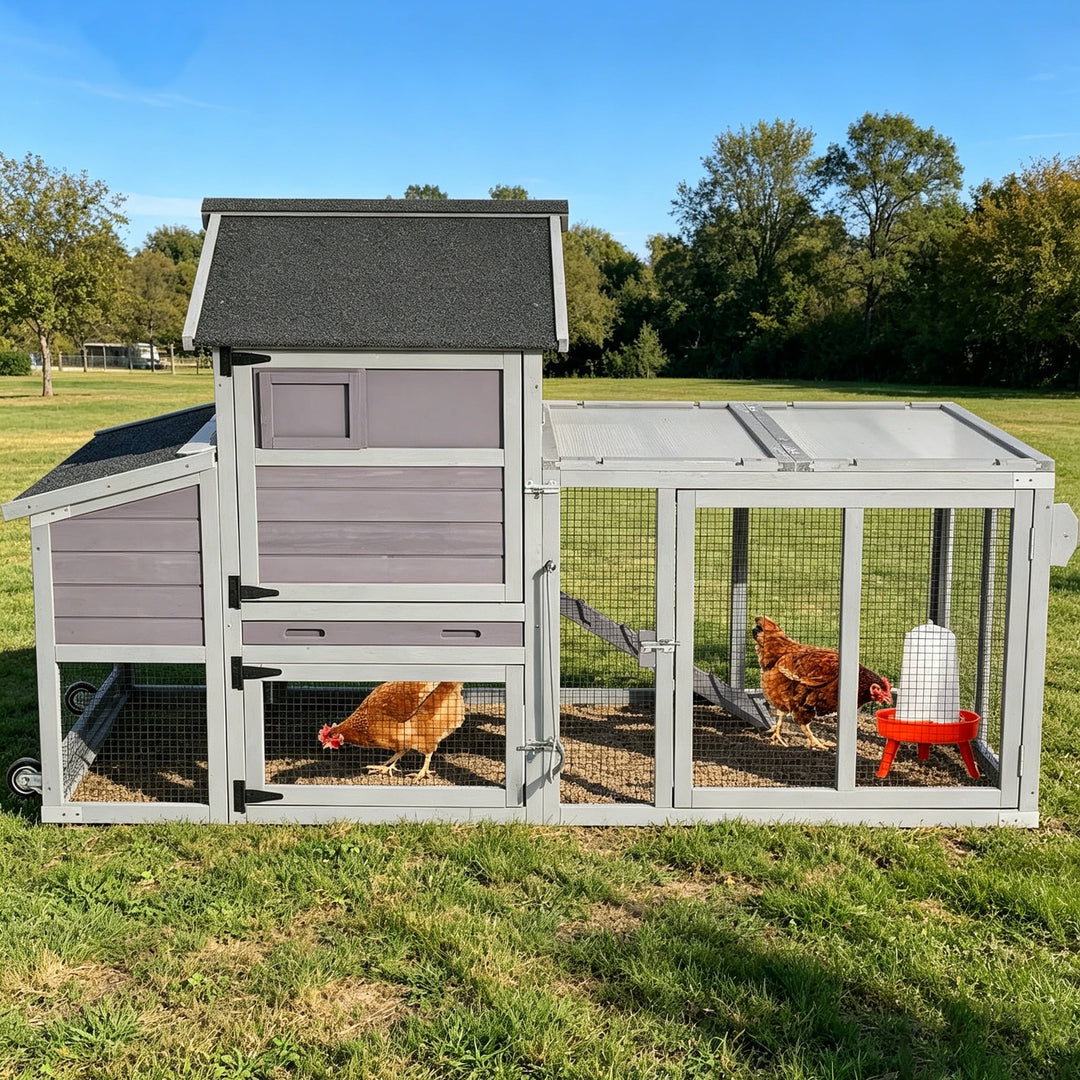 MEDEHOO Expandable Mobile Chicken Coop with Wheels for 4–6 Chickens, Reinforced Nesting Box, Full-Cover UV Roof, Weatherproof Outdoor Hen &amp; Duck House with Metal Tray, 77" L x 33.3" W x 46.5" H NAIR27-WM