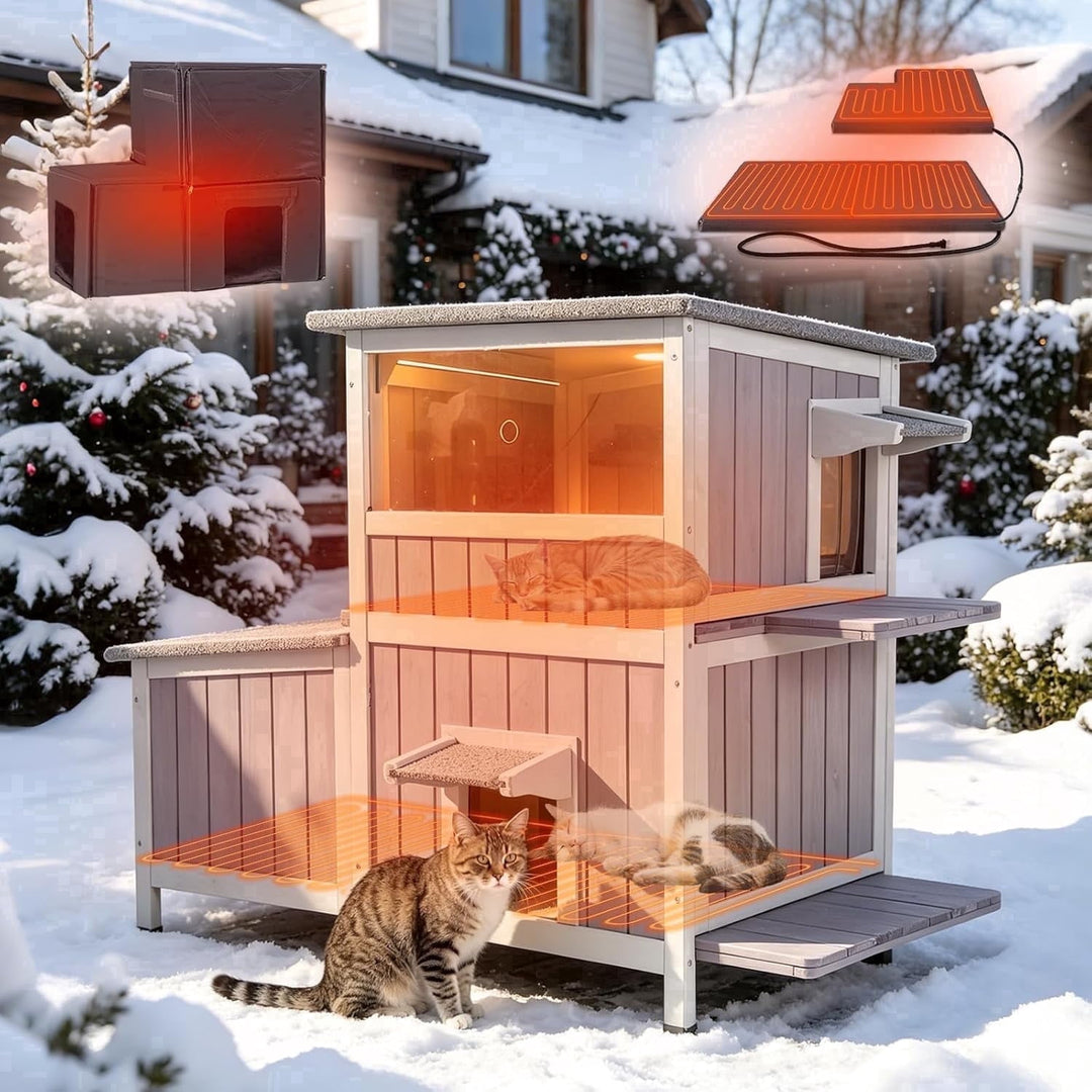 MEDEHOO Heated Cat House Outdoor Insulated Liner Cat House with Heated Pad Feral Cat Shelter with Escape Doors Weatherproof