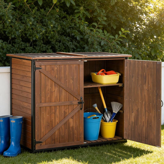 MEDEHOO Outdoor Storage Shed Cabinet with Strong Iron Frame Large Wooden Garden Shed Tool House with Adjustable Shelfs,Medium AIR105-shed-J-WM