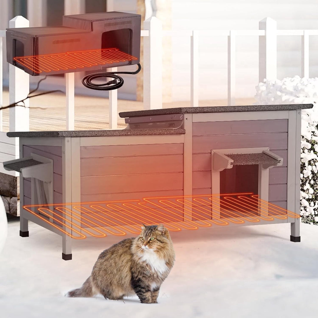 MEDEHOO Large Heated Cat House Outdoor Insulated Cat House 2-Room Weatherproof Outside Shelter AIR93-IN-HP-2-WM