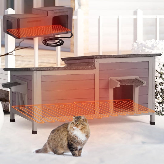 MEDEHOO Large Heated Cat House Outdoor Insulated Cat House 2-Room Weatherproof Outside Shelter AIR93-IN-HP-2-WM