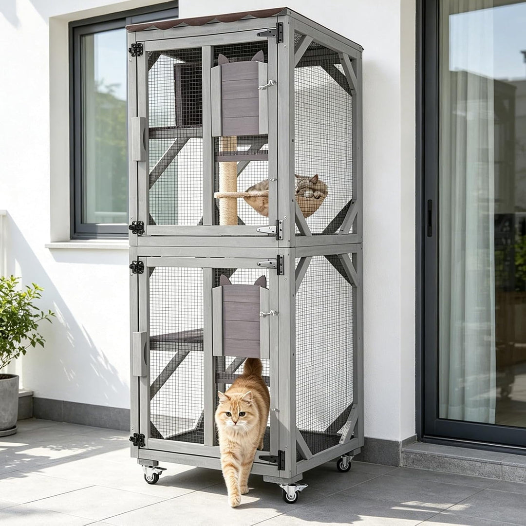 MEDEHOO Outdoor Cat Catio Enclosure with Wheels, Movable Outdoor Cat House Cat Cage with Upgraded Resting Box, Waterproof Cover