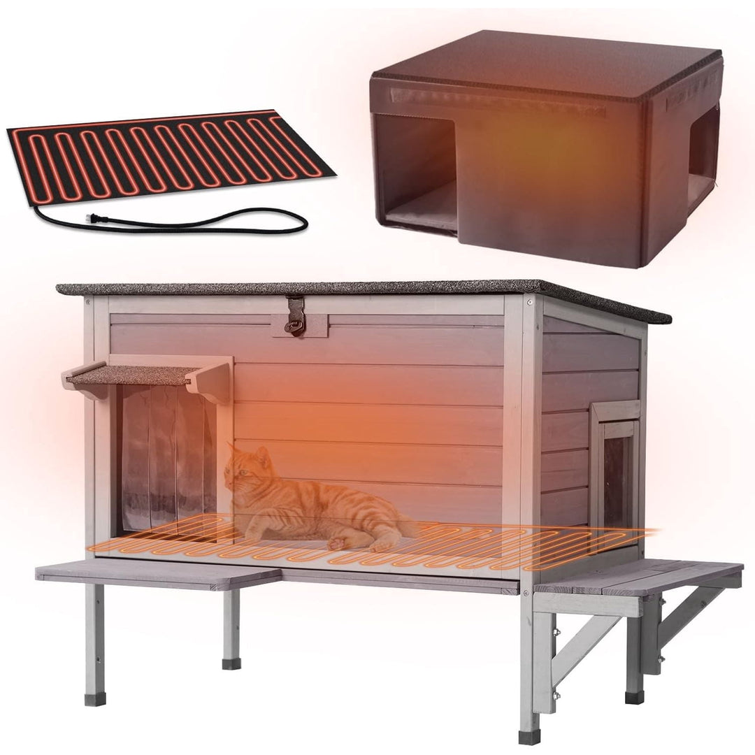 MEDEHOO Single-Tier Heated Cat House, Indoor Outdoor Waterproof Kitty Cage with Electric Heating Pad, Gray