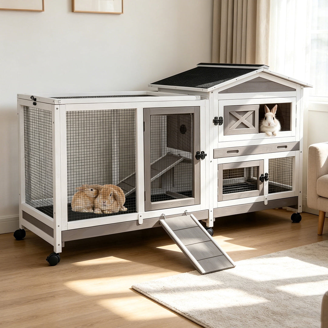 MEDEHOO Rabbit Hutch with Wheels for Outdoor &amp; Indoor, 2-Story Bunny Cage Guinea Pig House with Pull Out Tray for Rabbits, Gray