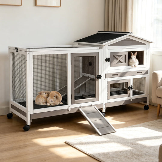 MEDEHOO Rabbit Hutch with Wheels for Outdoor &amp; Indoor, 2-Story Bunny Cage Guinea Pig House with Pull Out Tray for Rabbits, Gray
