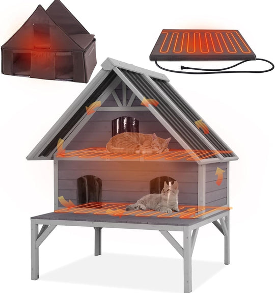 MEDEHOO Heated Cat House 2-Level Large Outdoor Cat House Insulated Weatherproof Feral Cat Shelter with 2 Heating Pads, Insulated All-Round Thermal Liner, Large Porch, 3 Escape Doors for 1-6 Cats