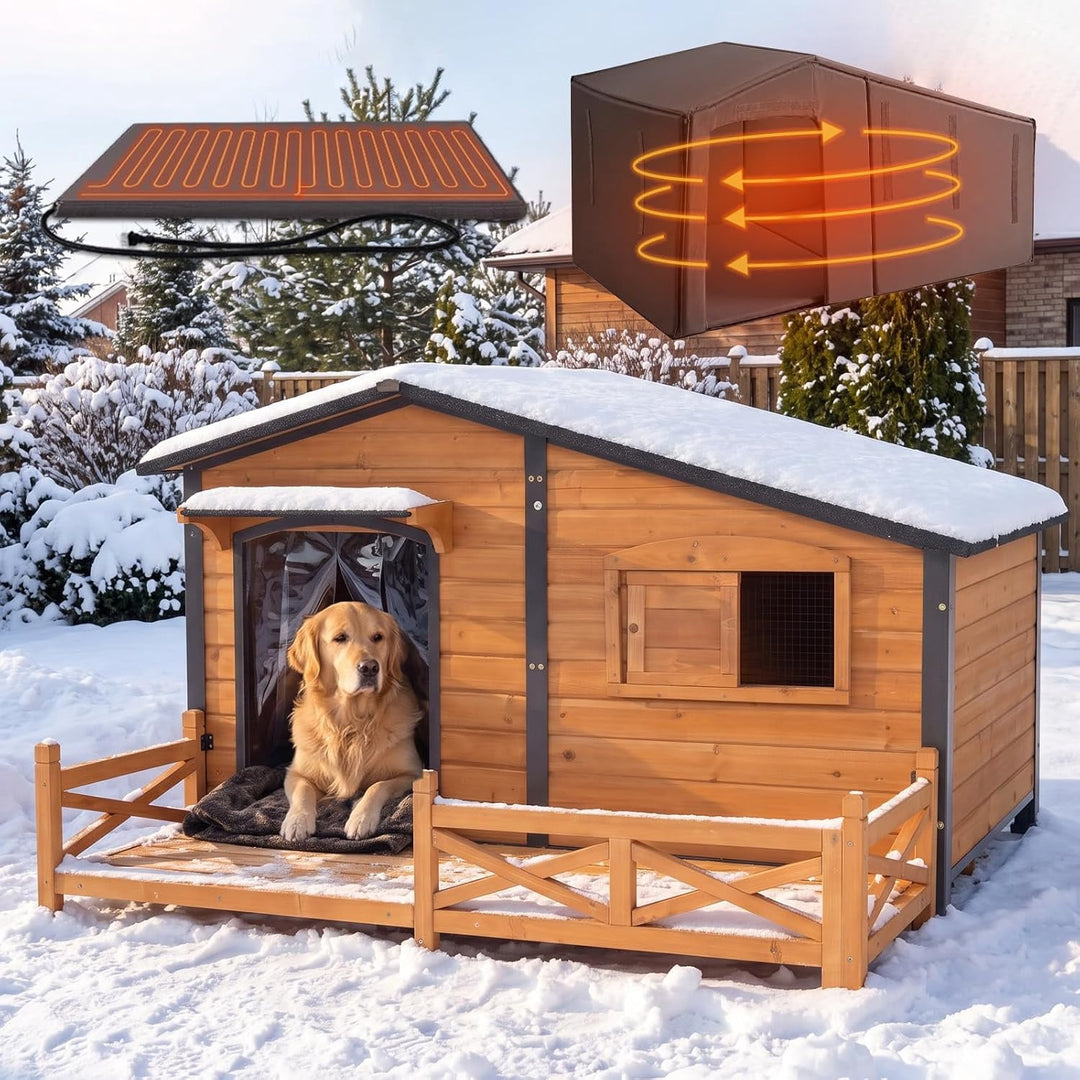 MEDEHOO Extra Large XXL Heated Dog House Insulated Dog Kennel with Safe Heating Pad, Chew-Proof Metal Frame, 6-Sided Thermal Liner for Large Dog Breeds, Brown AIR7024-L-HP-G2-CC