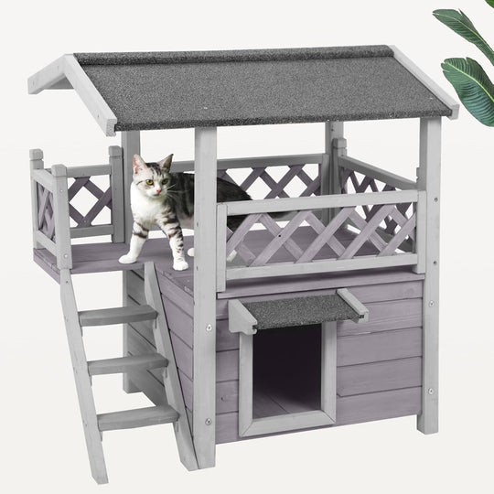 BUTINGLALE Cat House Outdoor Indoor Feral Cat Shelter Wooden Kitty House with Stairs, Balcony＆Weatherproof Roof AIR09-B-Q