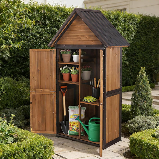 67.1" Outdoor Storage Cabinet Waterproof with Lockable Double Doors, Garden Storage Cabinet with Adjustable Shelves, Tool Organizer for Outside, Brown