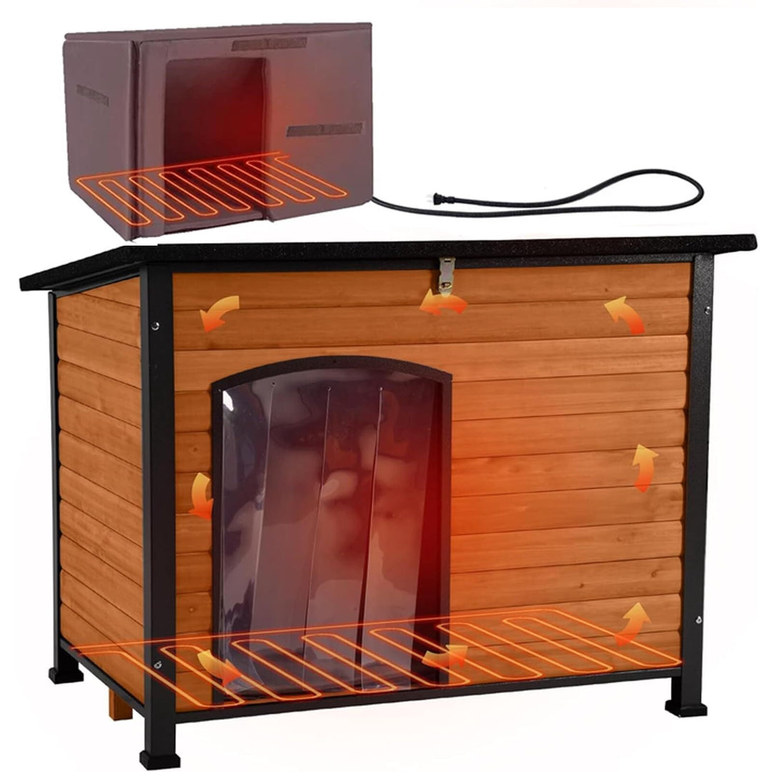 MEDEHOO Insulated Heated Dog House with Insulated Liner &amp; Heating Pad, All-Around Iron Frame Large Outdoor Dog House for Small &amp; Medium &amp; Large Dogs, Waterproof, Brown