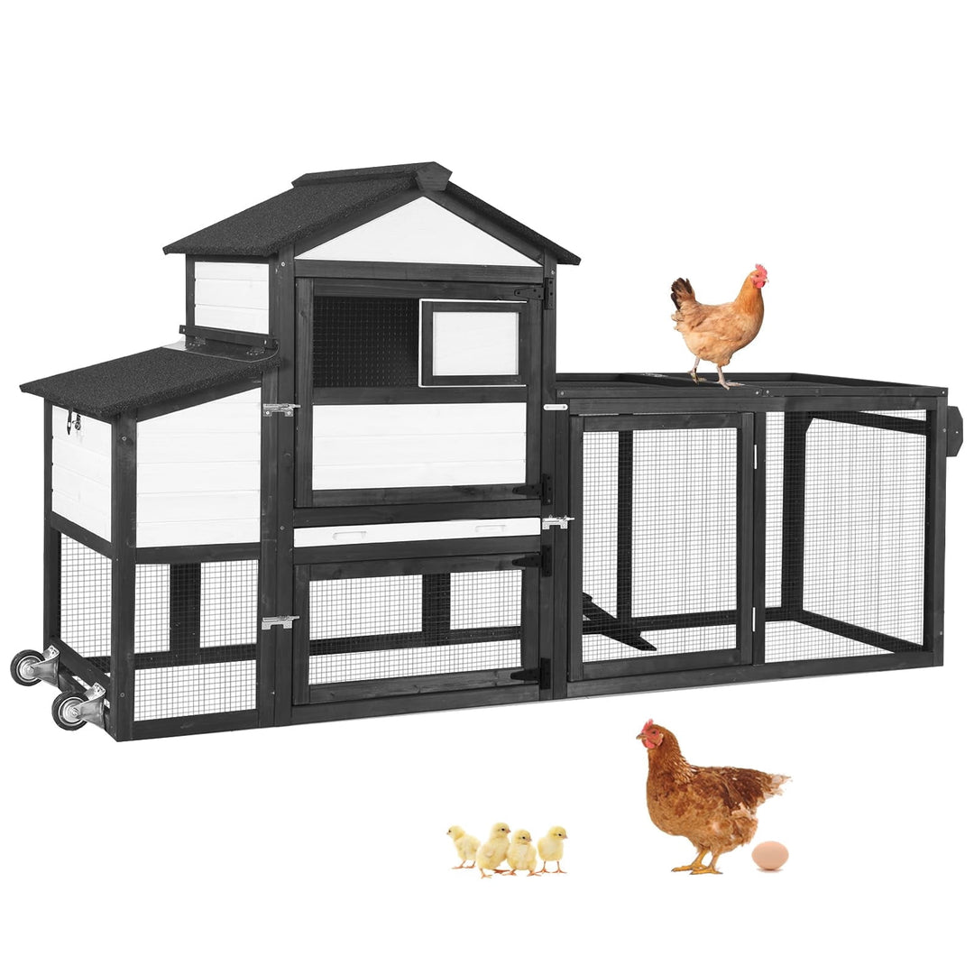 MEDEHOO Mobile Chicken Coop with Wheels for 4-6 Chickens, Backyard Expandable Chicken House Duck Cage with Run, 2 Nesting Boxes, Pull-Out Tray, Weatherproof Asphalt Roof, Black