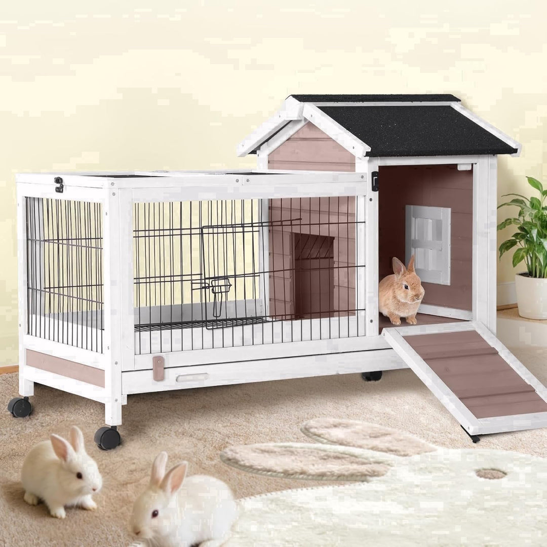 MEDEHOO Rabbit Hutch Indoor and Outdoor, Wooden Rabbit Cage with Wheels, Mobile Bunny House with Leakproof Tray and Removable Wire Floor, Guinea Pig Cage with Run (Brown) RA24-B-2DML-WM