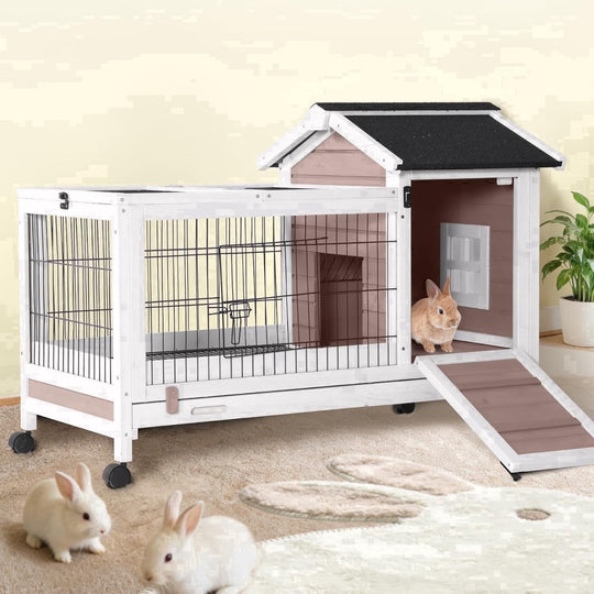MEDEHOO Rabbit Hutch Indoor and Outdoor, Wooden Rabbit Cage with Wheels, Mobile Bunny House with Leakproof Tray and Removable Wire Floor, Guinea Pig Cage with Run (Brown) RA24-B-2DML-WM