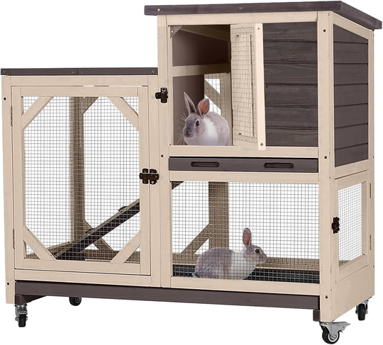 MEDEHOO Rabbit Hutch Indoor Mobile Bunny Cage with Run Wooden 2 Story Guinea Pig Cage Outdoor for Small Animals with Wheels,Two Deeper No Leak Trays(Brown) XZ7001-00J-WM