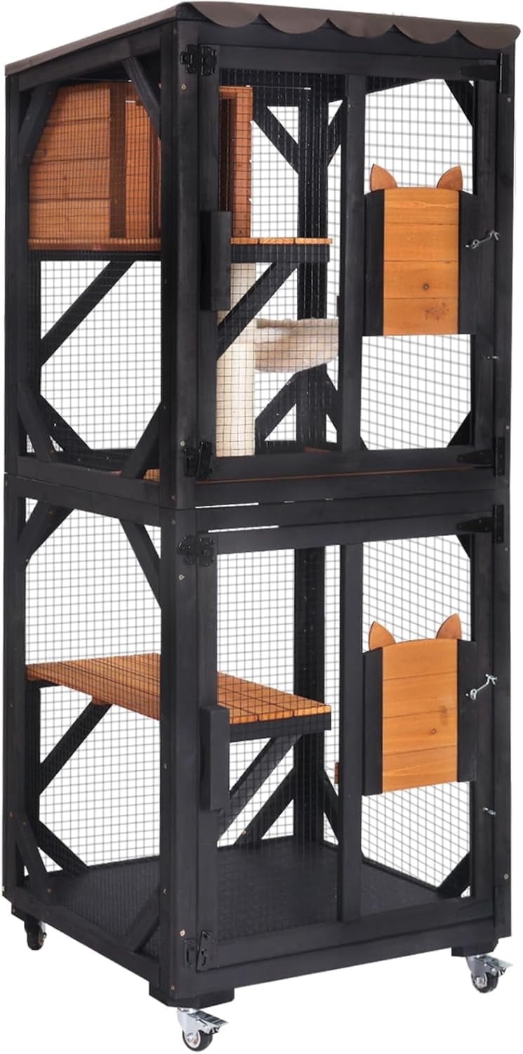 MEDEHOO Window Catio Outdoor Cat Enclosure Mobile Kitty Shelter on Wheels Pet Cage with Resting Box, Hammocks, Waterproof Cover AIR22-M-B-WM