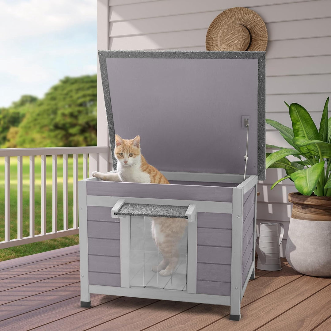 MEDEHOO Outdoor Cat House Weatherproof, Feral Cat House with Asphalt Roof, PVC Curtains &amp; Raised Base, Easy To Clean AIR12-G-AD-WM