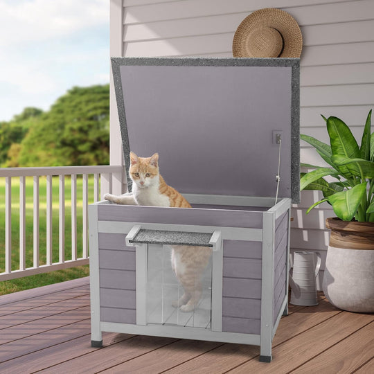 MEDEHOO Outdoor Cat House Weatherproof, Feral Cat House with Asphalt Roof, PVC Curtains &amp; Raised Base, Easy To Clean AIR12-G-AD-WM