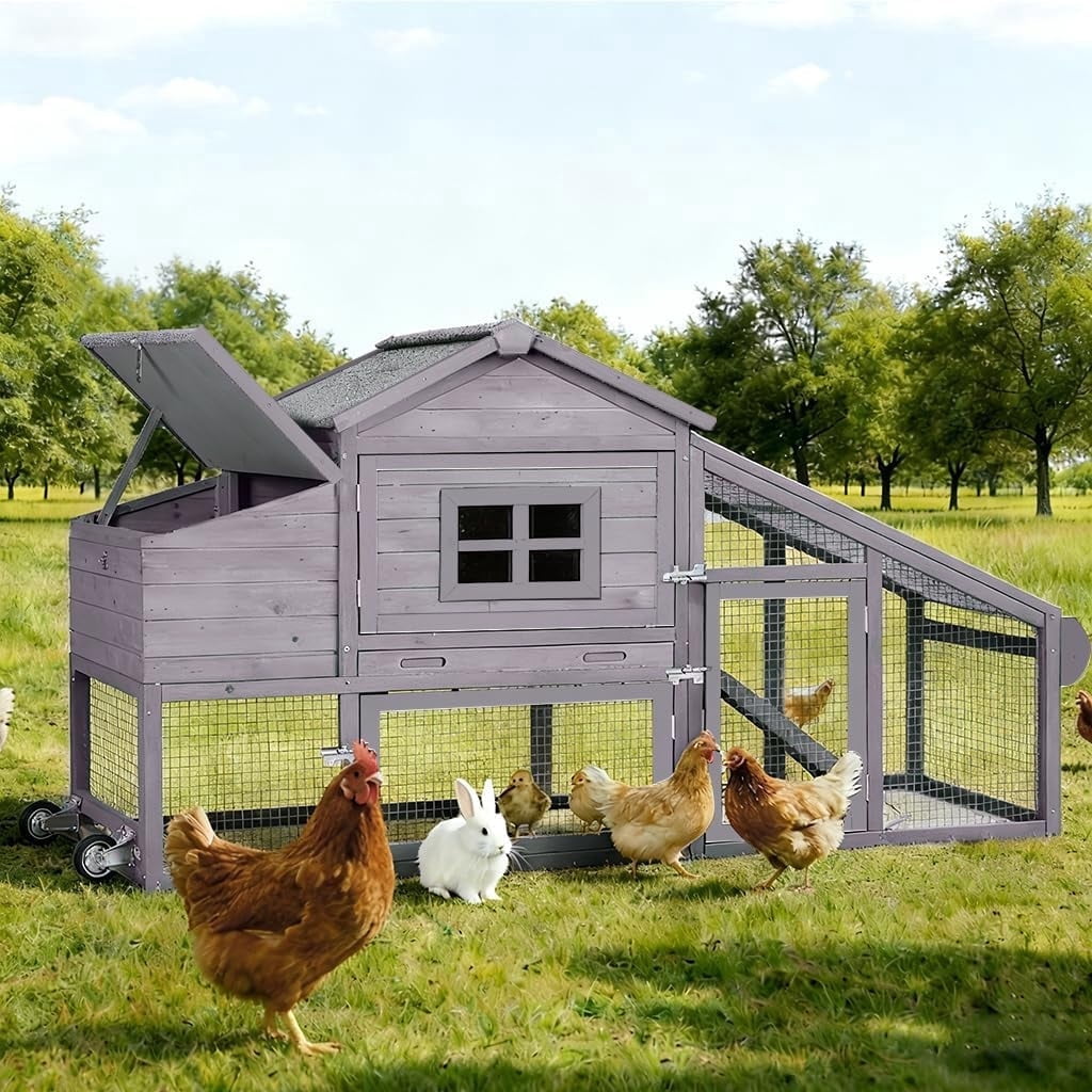 MEDEHOO Large Chicken Coop on Wheels, Expandable Outdoor Mobile Chicken House, Hen House Poultry Cage with Nesting Box, Leakproof Pull-Out Tray &amp; UV-Resistant Roof – Grey AIR23-W-A-WM