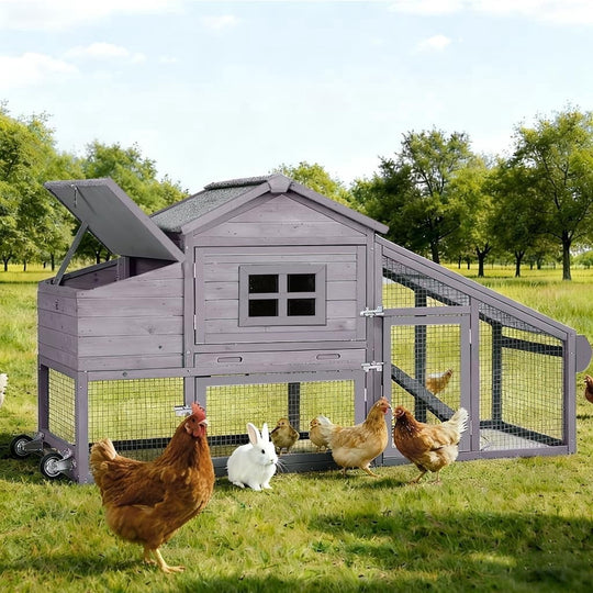 MEDEHOO Large Chicken Coop on Wheels, Expandable Outdoor Mobile Chicken House, Hen House Poultry Cage with Nesting Box, Leakproof Pull-Out Tray &amp; UV-Resistant Roof – Grey AIR23-W-A-WM