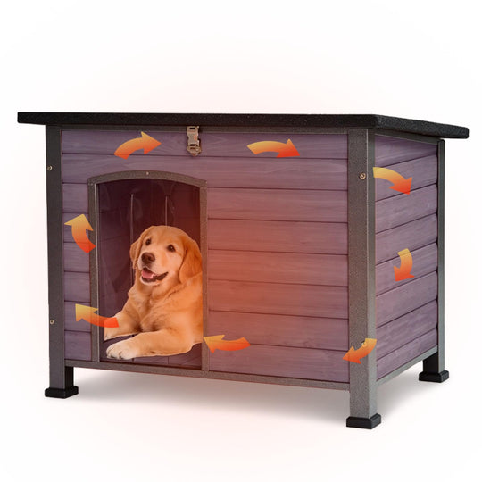 MEDEHOO 33.5 in Wooden Dog House for Medium Dogs, Chew-Proof Iron Frame Outdoor Dog Kennel with Openable Roof and Removable Floor, Grey