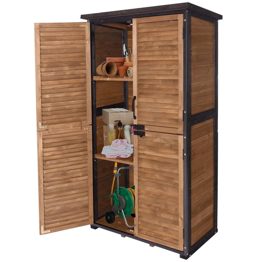MEDEHOO Outdoor Storage Cabinet with Adjustable Shelves, Metal Frame, Waterproof Storage Shed with Floor for Garden Tools, Brown