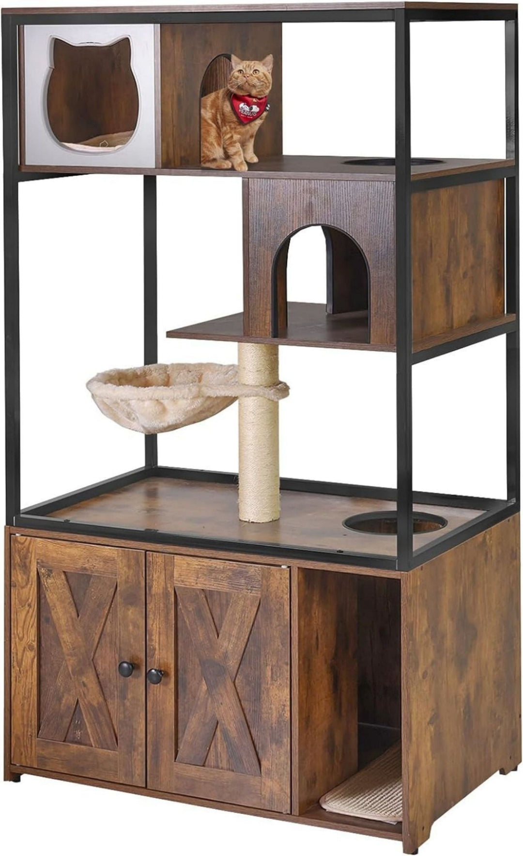 MEDEHOO Cat Litter Box Enclosure, Litter Box Furniture Hidden, Wooden Cat Washroom Furniture, Indoor Cat House with Condo, Hammock, Scratching Mat and Storage Shelves