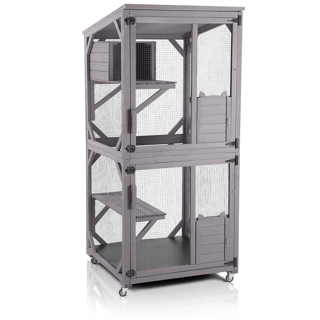 MEDEHOO 70.9" Catio Outdoor Cat House Cat Enclosure on Wheels, Large Wooden Cat Cage with Resting Box &amp; Asphalt Roof AIR22-G-WM