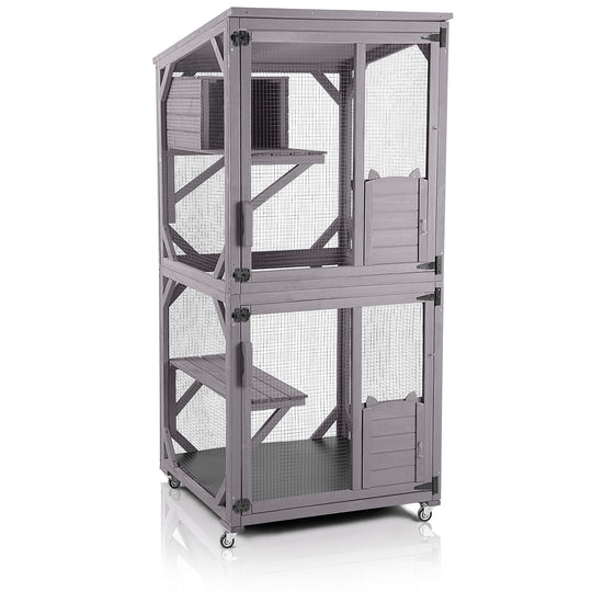 MEDEHOO 70.9" Catio Outdoor Cat House Cat Enclosure on Wheels, Large Wooden Cat Cage with Resting Box &amp; Asphalt Roof AIR22-G-WM