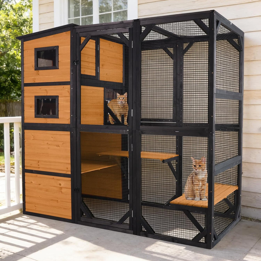 Large Catio Cat Enclosure Window for Outdoor Cats, Weatherproof Cat House with Roof, Resting Platforms &amp; Windows, Indestructible Feral Cat Shelter for Backyard - Black and Brown