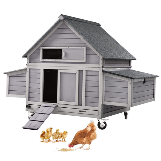 MEDEHOO Chicken Coop Poultry Cage on Wheels Outdoor Duck Coop Wooden Hen House with Large Nesting Box, Movable AIR67-G