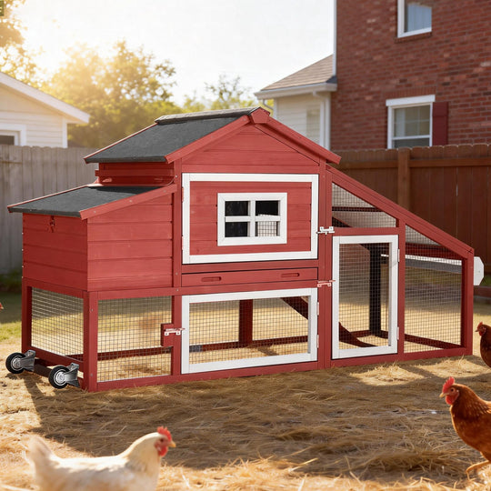 MEDEHOO Mobile Chicken Coop with Wheels for 2-4 Chickens, Backyard Expandable Chicken House Duck Cage with Run, 2 Nesting Boxes, Easy Clean Pull-Out Tray, Leak-Resistant Asphalt Roof, 72.3" SAIR23-R-WM