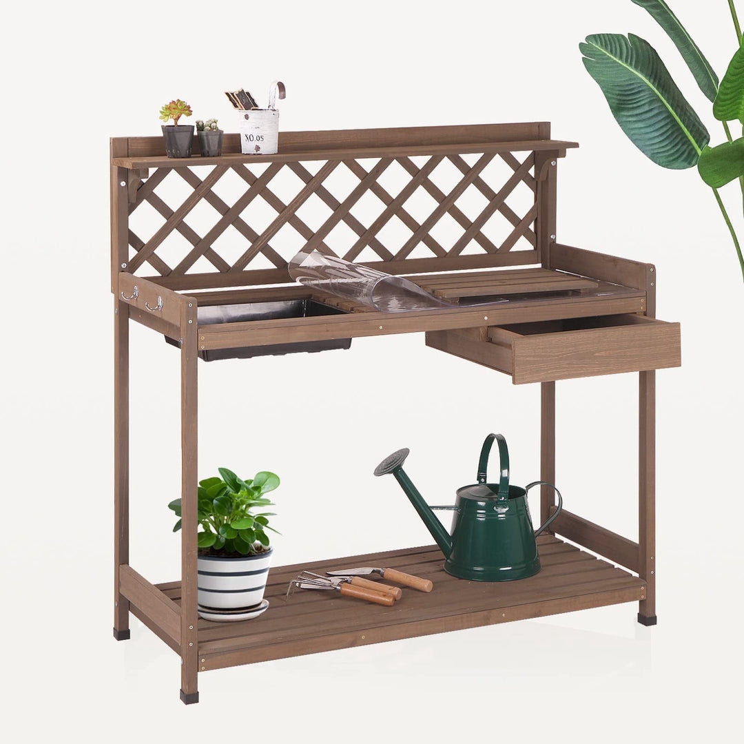 BUTINGLALE Potting Bench Potting Table Potting Benches for Outside 44 Inch Fir Wood Garden Potting Station Garden Table PVC Layer Storage Shelf Sink Drawer Hooks GUT04O
