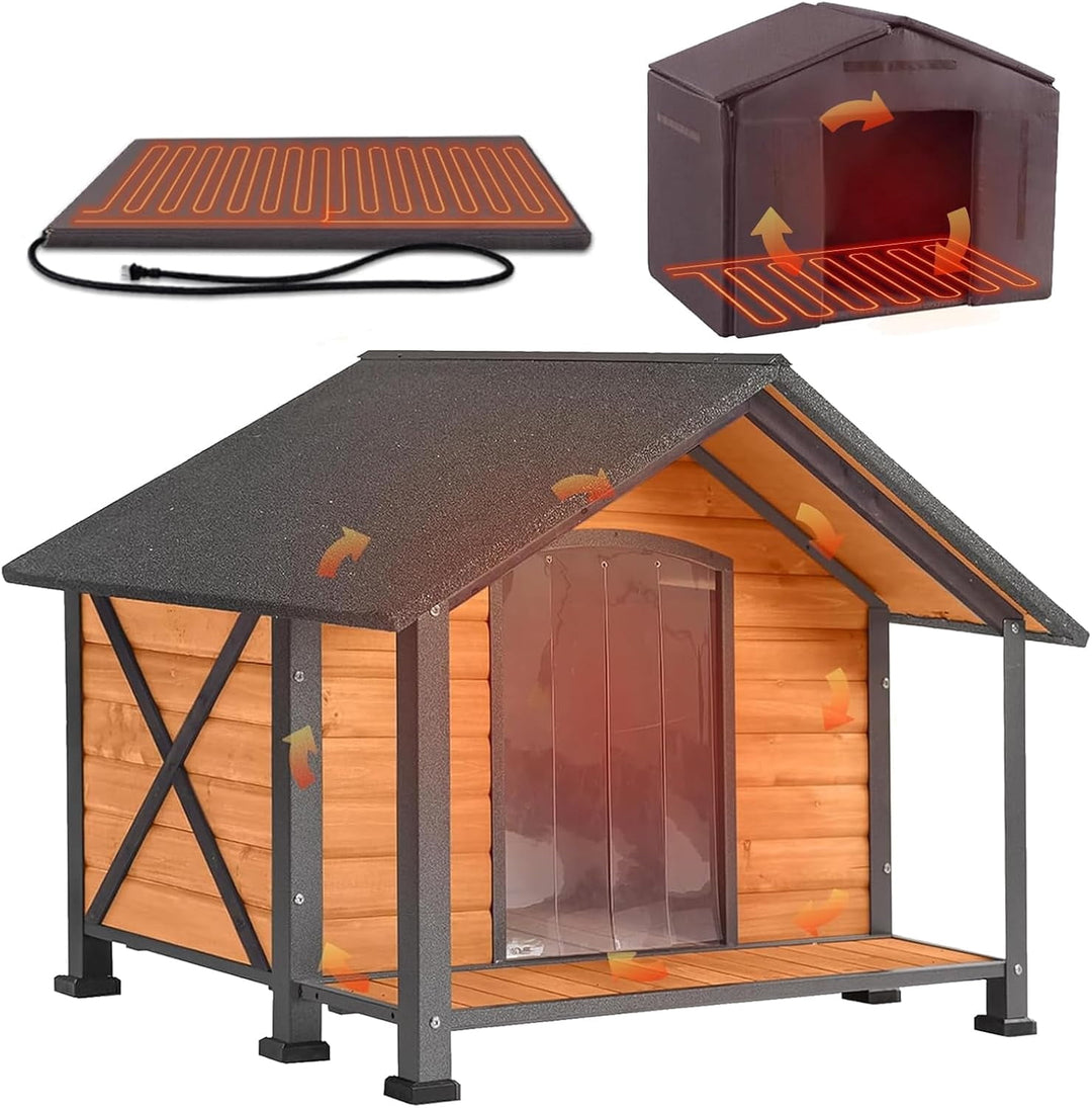 MEDEHOO Heated Dog House for Outside Insulated Dog House Outdoor Weatherproof with Safe Heated Pad, Chew-Proof Metal Frame and Insulated Liner for Medium Dogs, 40.6" L x 34.3" W x 31.5" H