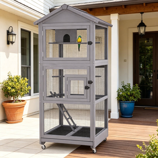 MEDEHOO Large Bird Cage Outdoor Wooden Aviary Indoor on Wheels, with Play Stand, Perches, Nest Habitat &amp; Wire Mesh Tray for Easy Cleaning AIR42-G-MB-WM