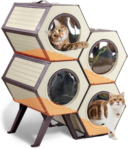 MEDEHOO Outdoor Indoor Heated Cat House with Heater, Combined Cat Condo with Adjustable Temperature and Time, Insulated Feral Cat Shelter with Escape Door for Winter Weatherproof (4 Set)