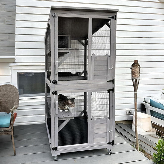 MEDEHOO Catio Outdoor Cat Enclosure Window Cat House on Wheels Large Movable Cat Cages Indoor for Mulitiple Cats with Tarp Roof,Platforms,Resting Box