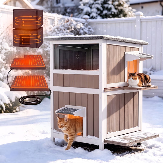 MEDEHOO Heated Cat House with Heating Pad &amp; Insulated Liner for Winter, Insulated Outdoor Cat House for Outdoor Indoor, Weatherproof Two Story Cat Shelter for Feral &amp; Stray Cats, Brown AIR14-WBR-HP-WM