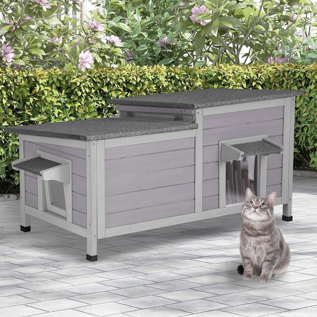 MEDEHOO Outdoor Cat House Weatherproof, Large Cat Shelter with Openable Roofs, Feral Kitty Shelter with Elevated Base, PVC Curtain AIR93-AD-WM