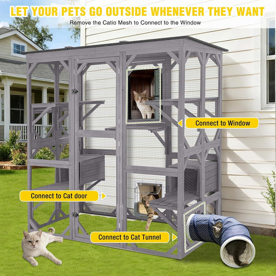 MEDEHOO Catio Outdoor Cat Enclosure Extra Large Window Cat House for Outdoor Cats Walk-in Kitty Cage with 7 Platforms Weatherproof Feral Cat Shelter