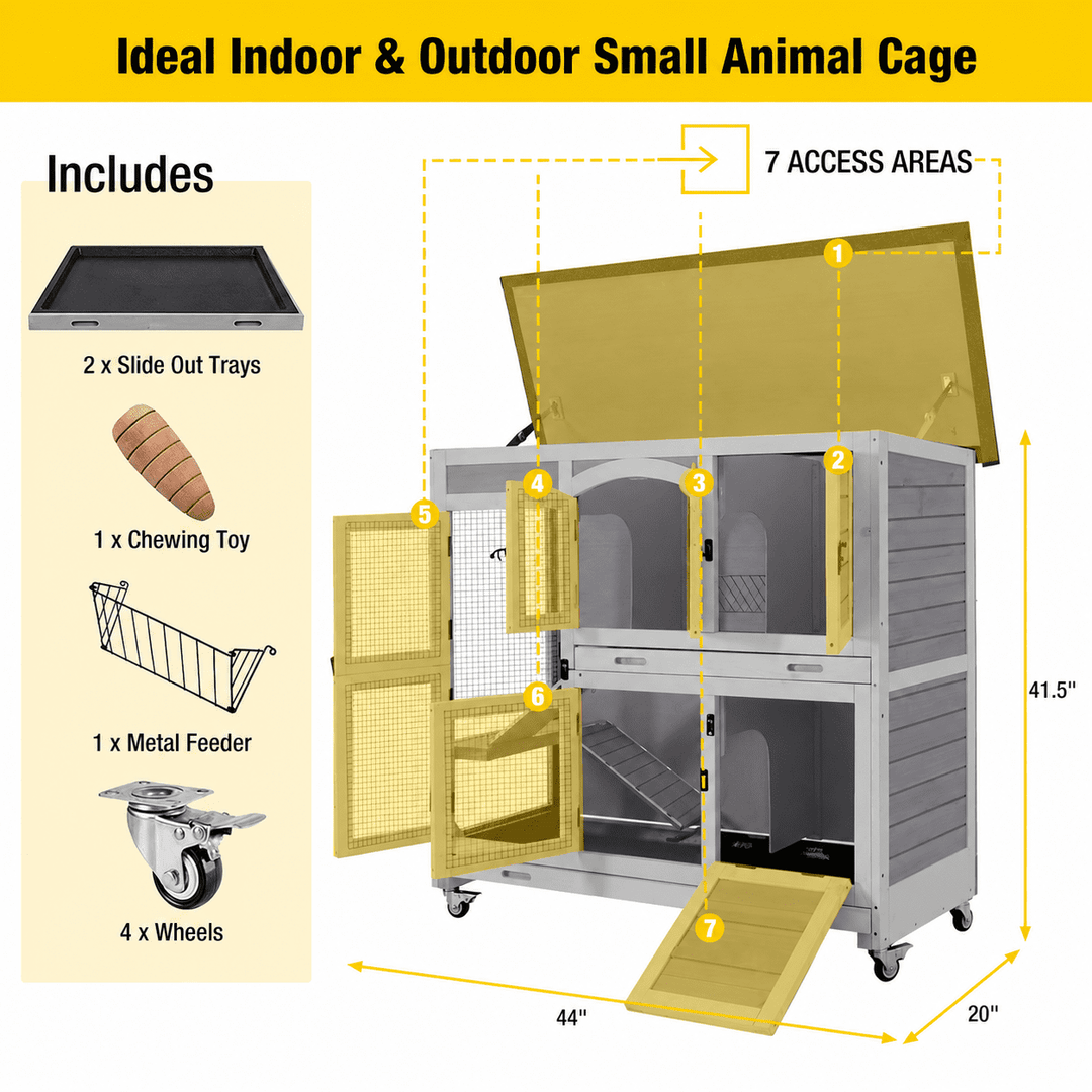 MEDEHOO Wood Rabbit Hutch Bunny Cage with Wheel, Two Layer Guinea Pig House for Outdoors &amp; Indoors AIR06-C-WM