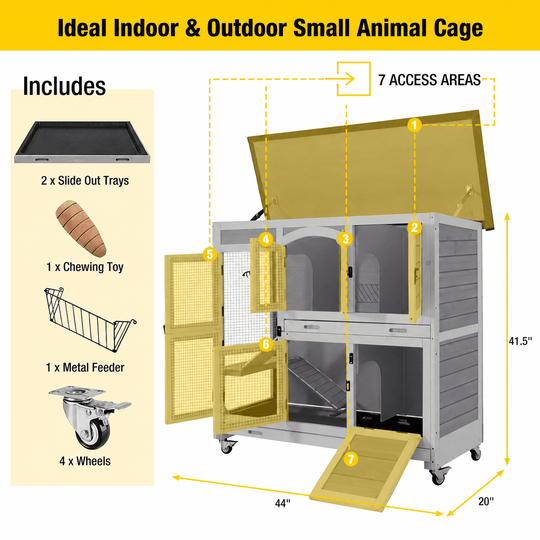 MEDEHOO Wood Rabbit Hutch Bunny Cage with Wheel, Two Layer Guinea Pig House for Outdoors &amp; Indoors AIR06-C-WM