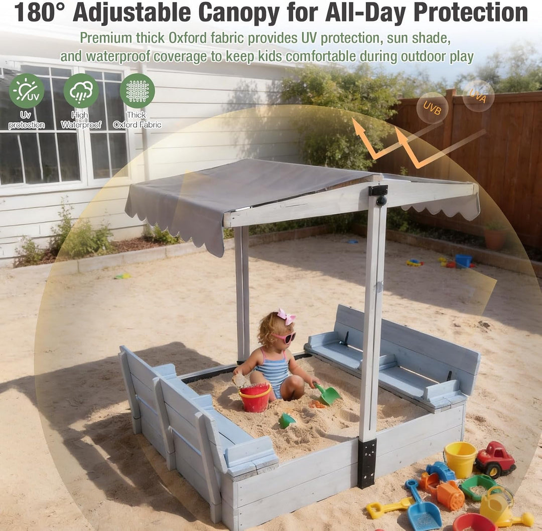 MEDEHOO 47.2"Sandbox with Lid and Cover for Kids Outdoor with 2 Foldable Bench Seats, Adjustable Canopy and Sand Protection Liner, (Blue)
