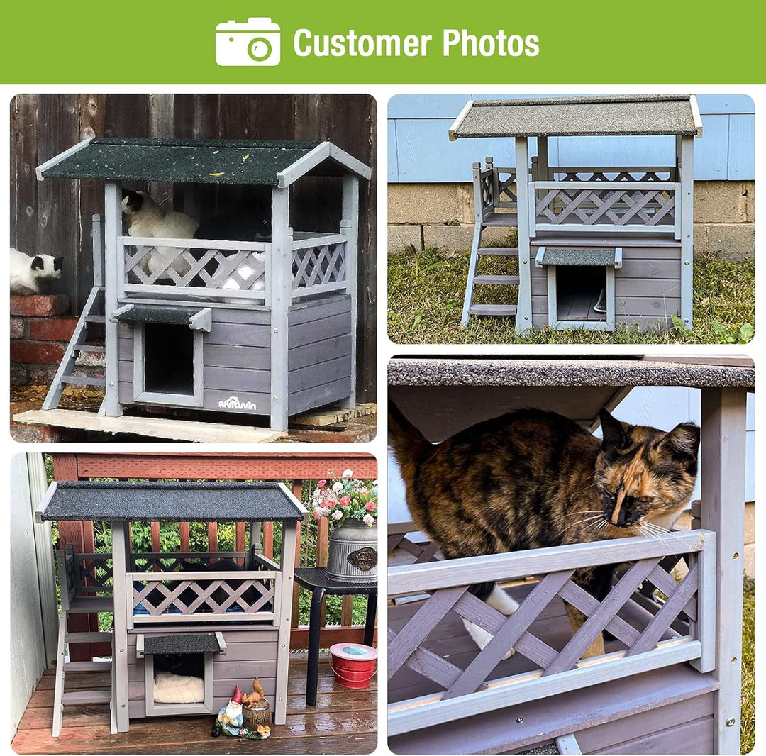 MEDEHOO Cat House with Door for Feral Cats, Rainproof Outside Kitty House, 2 Story Wooden Kitten Condo with Stairs AIR09-BS-WM2