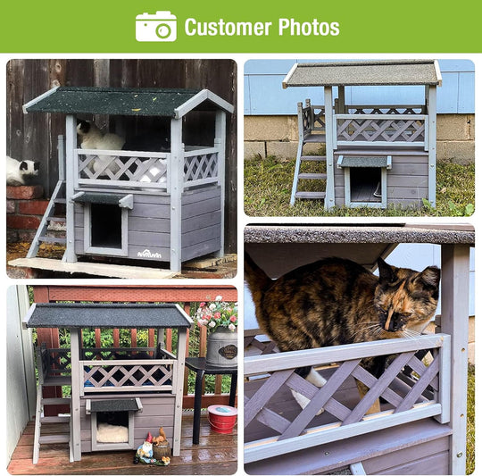 MEDEHOO Cat House with Door for Feral Cats, Rainproof Outside Kitty House, 2 Story Wooden Kitten Condo with Stairs AIR09-BS-WM2