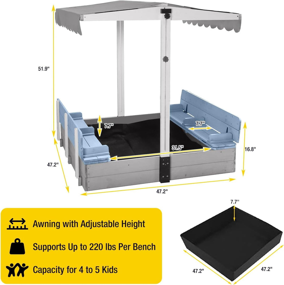 Sandbox for Kids with Adjustable Canopy, Wooden Sand Box with 2 Foldable Seats, Sandbox with Lid Outdoor (Blue) GUT05-B-2