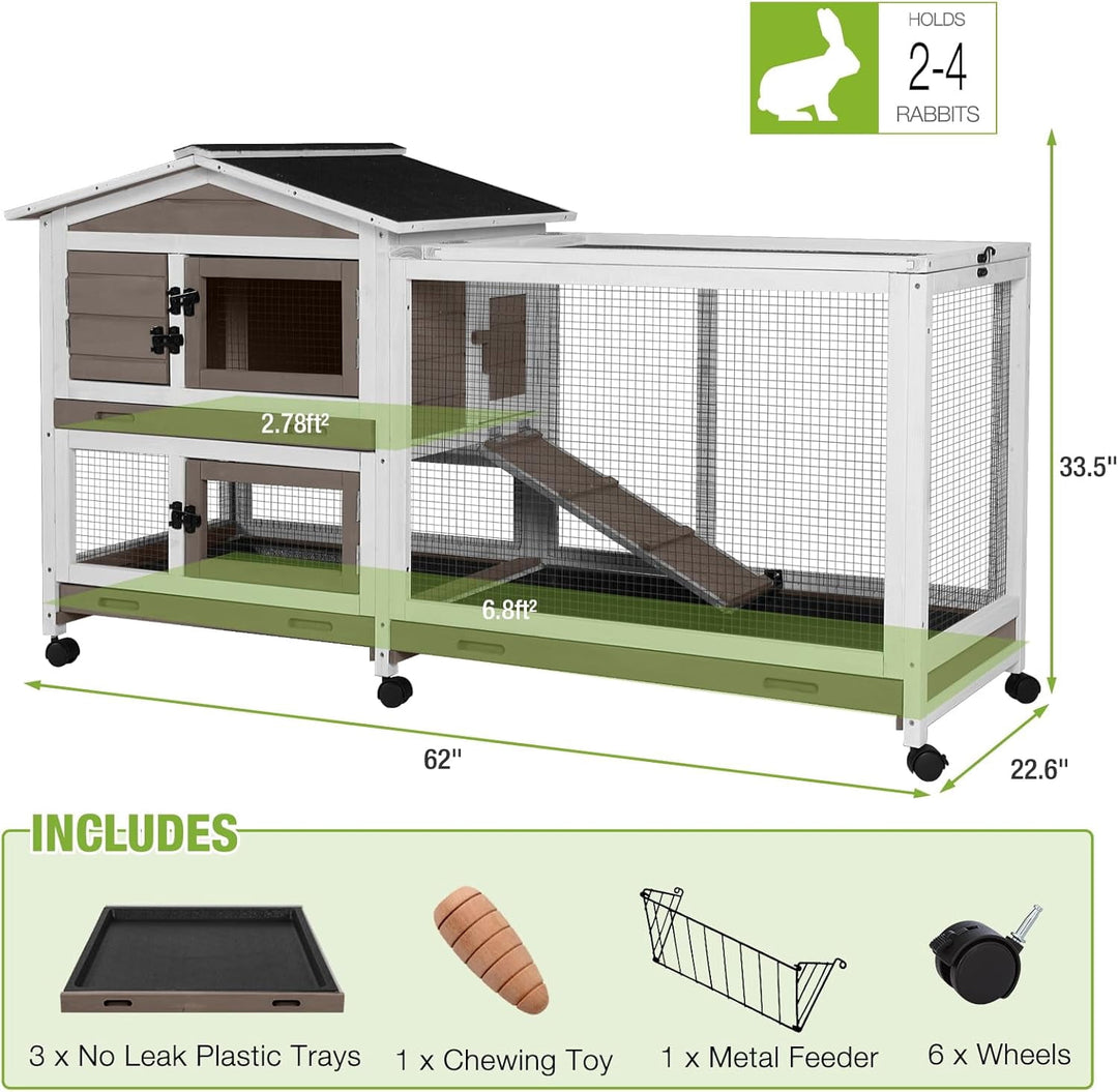 MEDEHOO Rabbit Cage Indoor Bunny Hutch with Chew-Proof Ramp - 2 Story Guinea Pig Cages Outdoor with 6 Wheels, Leakproof Pull-Out Tray for Rabbits, Guinea Pigs (Brown) AIR19-B-MC-WM