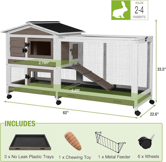 MEDEHOO Rabbit Cage Indoor Bunny Hutch with Chew-Proof Ramp - 2 Story Guinea Pig Cages Outdoor with 6 Wheels, Leakproof Pull-Out Tray for Rabbits, Guinea Pigs (Brown) AIR19-B-MC-WM